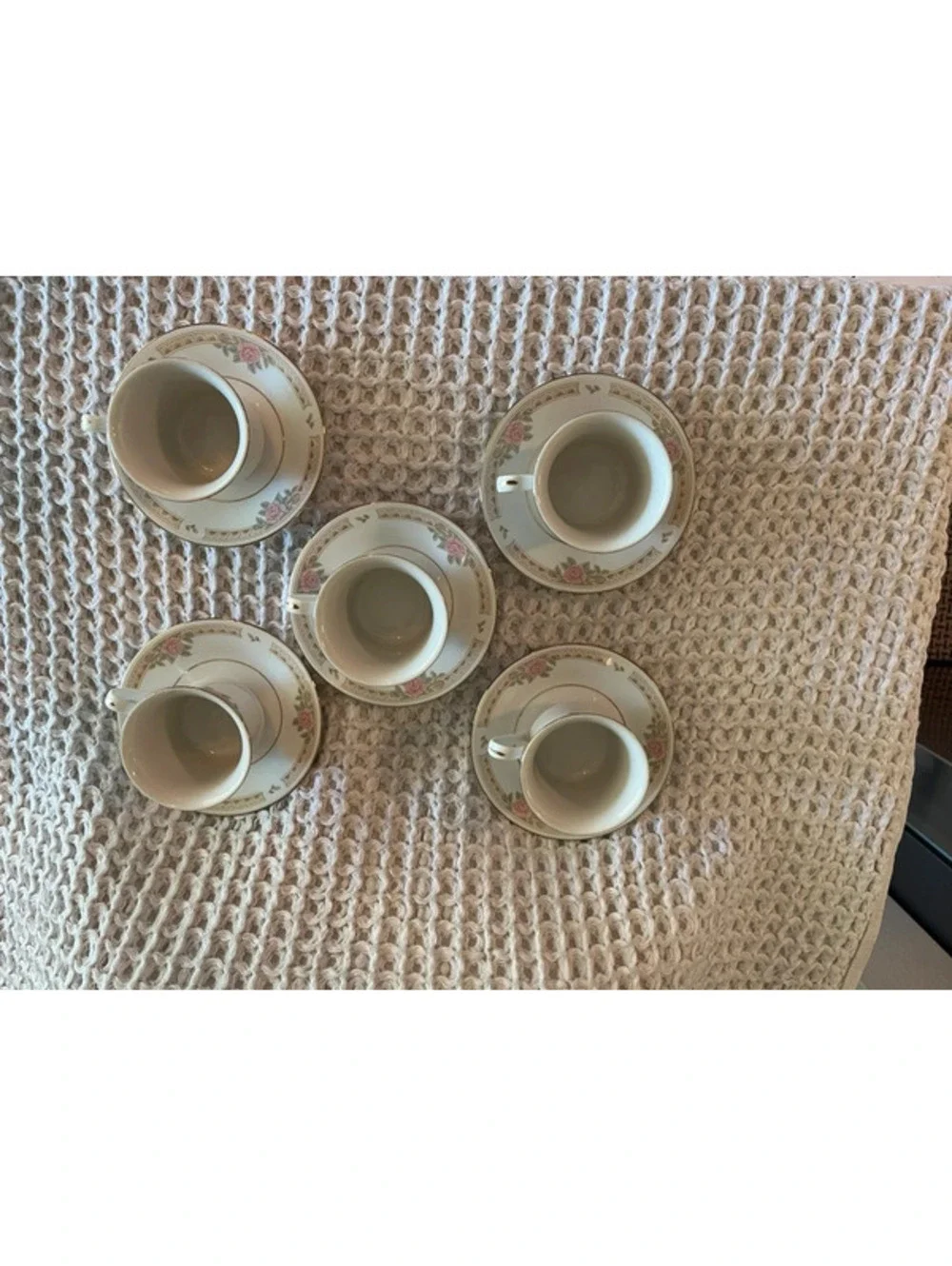 Vintage Lynn”s 465 Fine China Pink Rose Teacup & Saucer Set of 5 - Gold Trim